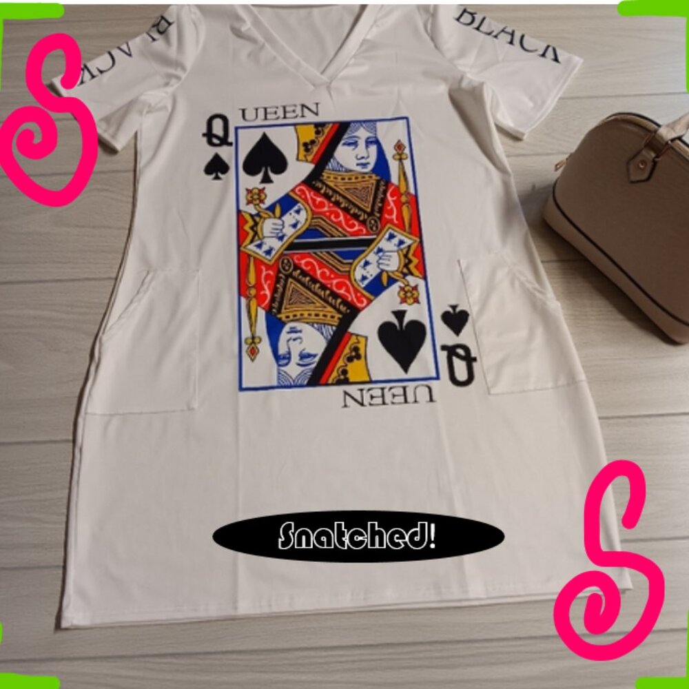 Women Fashion Queen Poker Print V-Neck Short Sleeve Dress